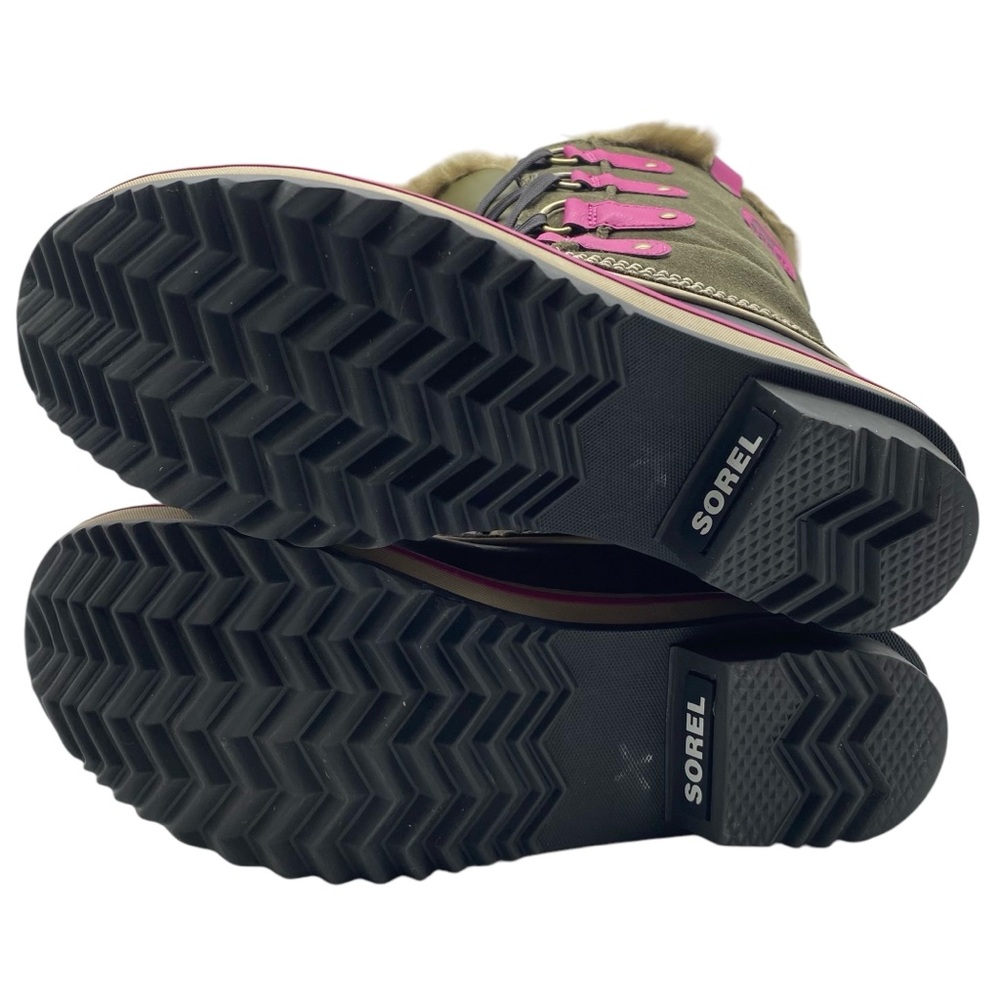 Sorel Girls Winter Boots Size 6 Green Pink Leather Waterproof Faux Fur Tall - Picture 13 of 14